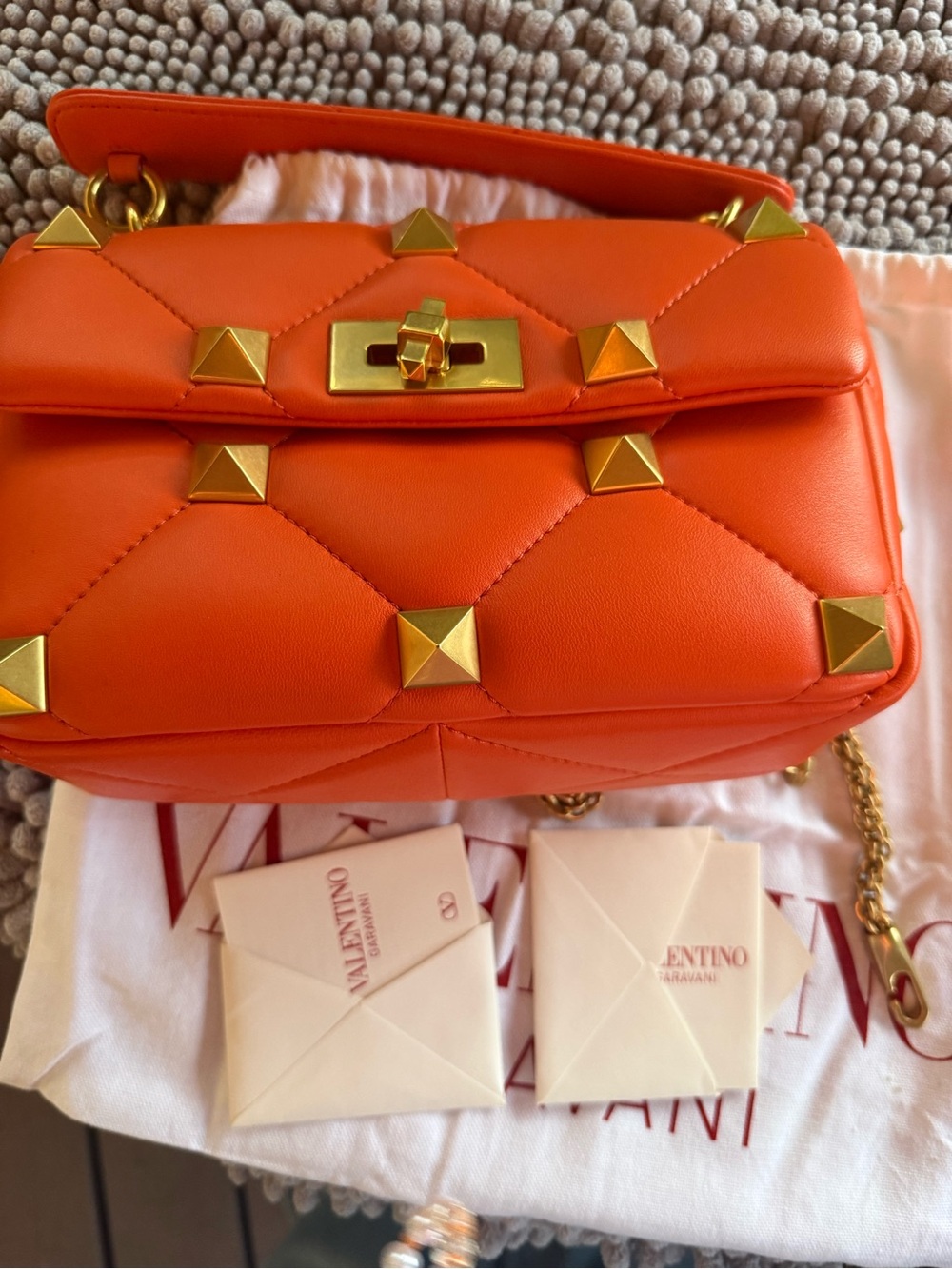 Valentino Orange Quilted Leather Shoulder Bag with Gold Pyramid Studs - Picture 2 of 8